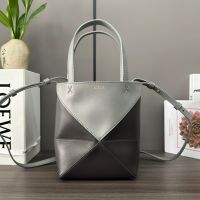 Loewe Mini Puzzle Fold Tote In Shiny Calfskin Coffee/Grey