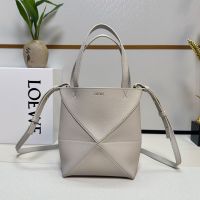 Loewe Mini Puzzle Fold Tote In Soft Grained Calfskin Light Grey