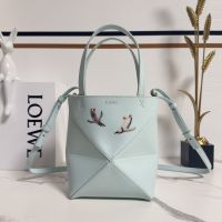 Loewe Mini Puzzle Fold Tote with Penguin Motif In Shiny Calfskin Sky Blue