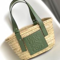 Loewe Small Basket Bag In Palm Leaf and Calfskin Beige/Green