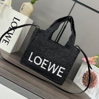 Loewe Small LOEWE Font Tote In Raffia Black