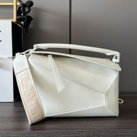 Loewe Small Puzzle Edge Bag with Jacquard Strap In Satin Calfskin White