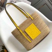 Loewe Small Square Basket Bag In Raffia and Calfskin Beige/Yellow