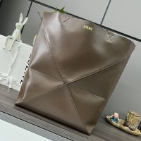 Loewe XL Puzzle Fold Tote In Shiny Calfskin Coffee