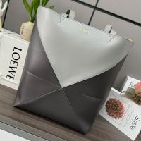 Loewe XL Puzzle Fold Tote In Shiny Calfskin Coffee/Grey
